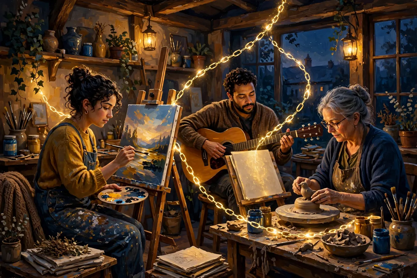 Makers at work, painterly illustration