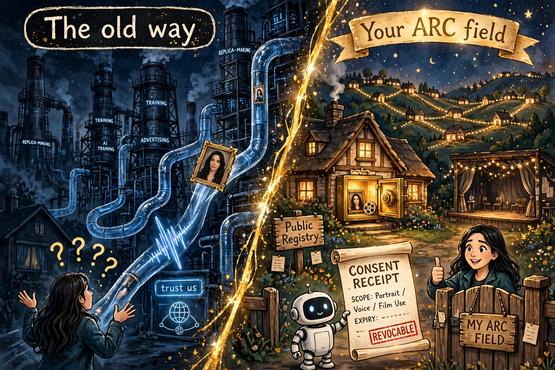 Two panels in the campaign grammar. Left: extraction towers drain portrait photographs and a voice waveform from a dim house through translucent pipes. Right: the actor's sovereign field, portrait and film reel inside a glowing vault, a robot at the gate holding a consent receipt marked with its scope, an expiry, and a revocable seal.