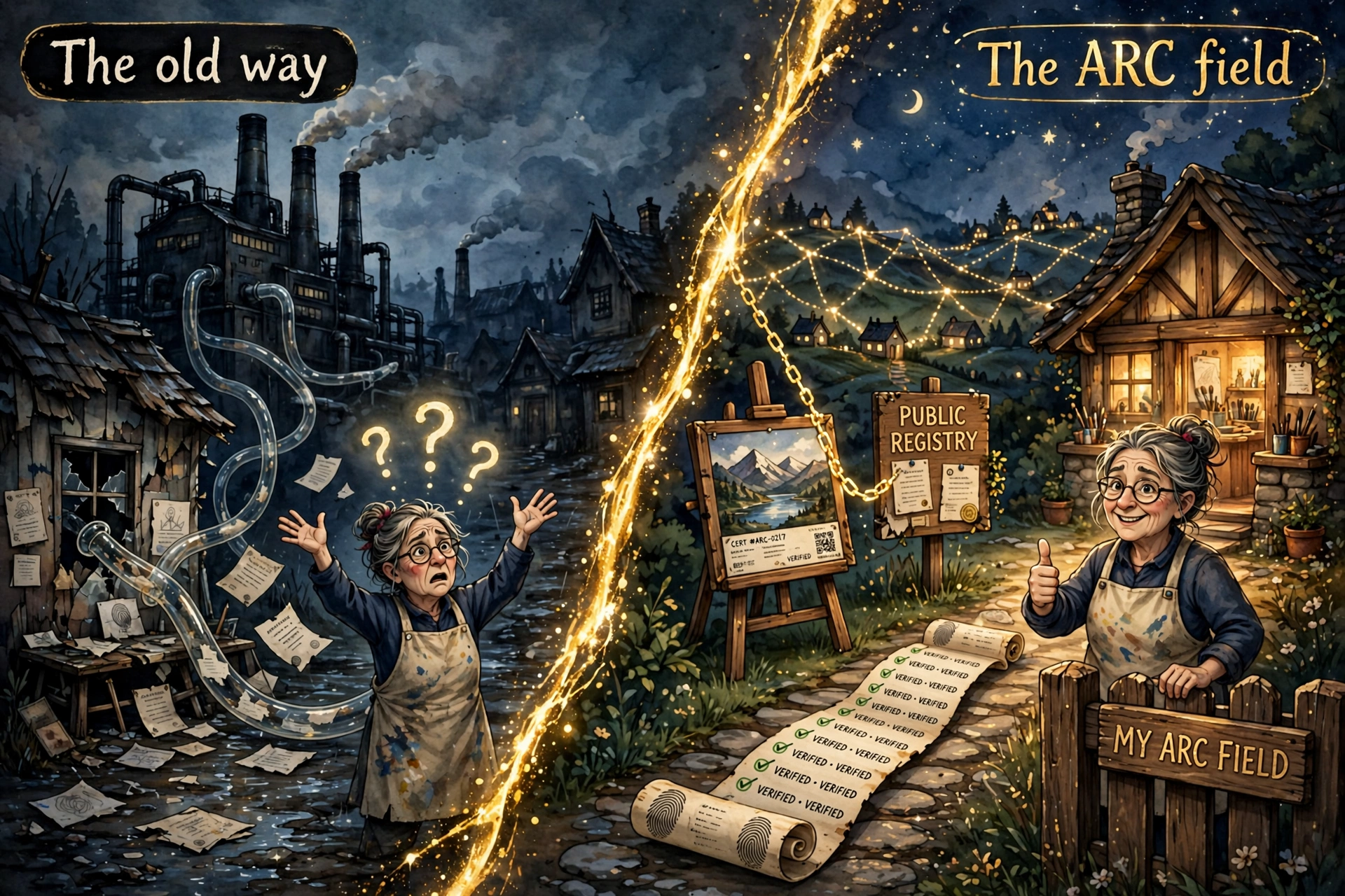 Two panels in the campaign grammar. Left: factory towers drain paintings and sketches from a broken studio while paper certificates scatter. Right: the painter's sovereign field, a framed painting on an easel with a coded certificate pinned to its frame, chained in golden light to the public registry board, verified receipts on the path.