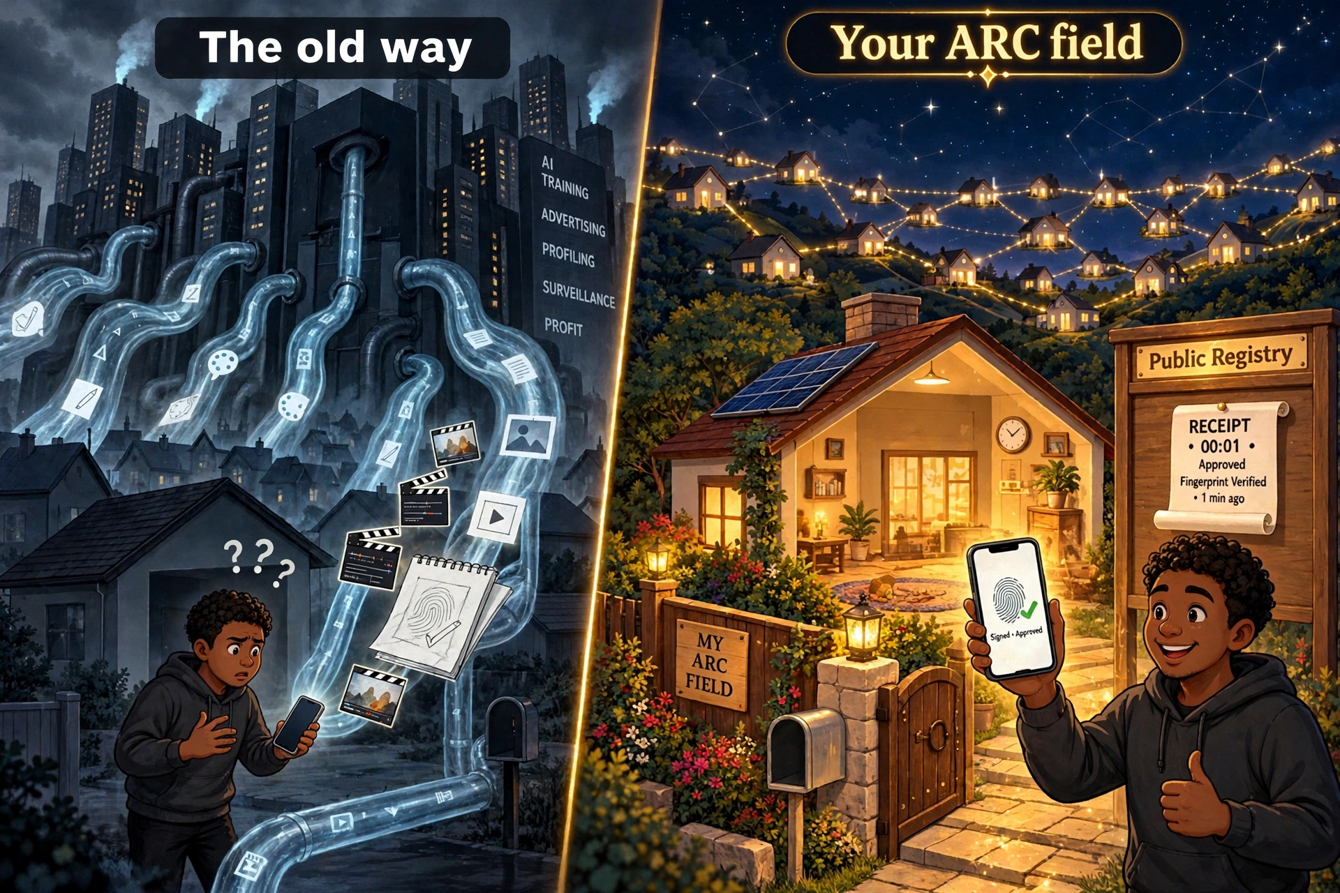 Two panels in the campaign grammar. Left: extraction towers drain sketches, video frames, and photos from a young artist's phone. Right: the artist's sovereign field, the artist holding up a phone showing a signed, approved statement with a fingerprint and a green check, and a one-minute receipt pinned to the public registry board.