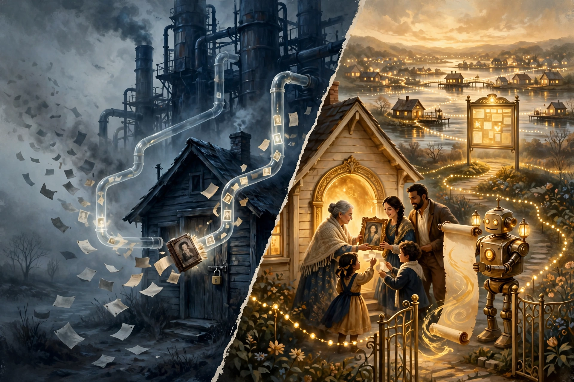 Two panels in the campaign grammar. Left: dark extraction towers drain glowing family photographs, letters, and pages from a dim padlocked house through translucent pipes. Right: the sovereign home at golden hour, where a multigenerational family places a framed portrait into a glowing vault in the wall, a brass robot keeper at the garden gate holding a long receipt scroll, and a golden registry board lit across the water among a mesh of lit homes.