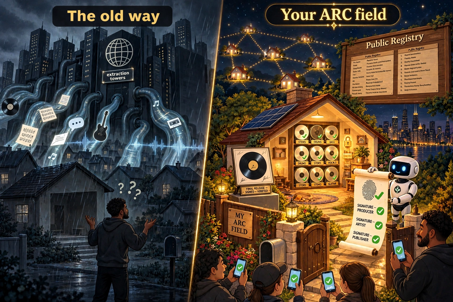 Two panels in the campaign grammar. Left: extraction towers drain records, sheet music, a guitar, and audio waveforms from a dim house. Right: the musician's sovereign field, a signed release on a stand, labeled stem reels in the Vault wall, a robot holding a split scroll signed by producer, artist, and publisher, and fans in the foreground verifying on their phones.