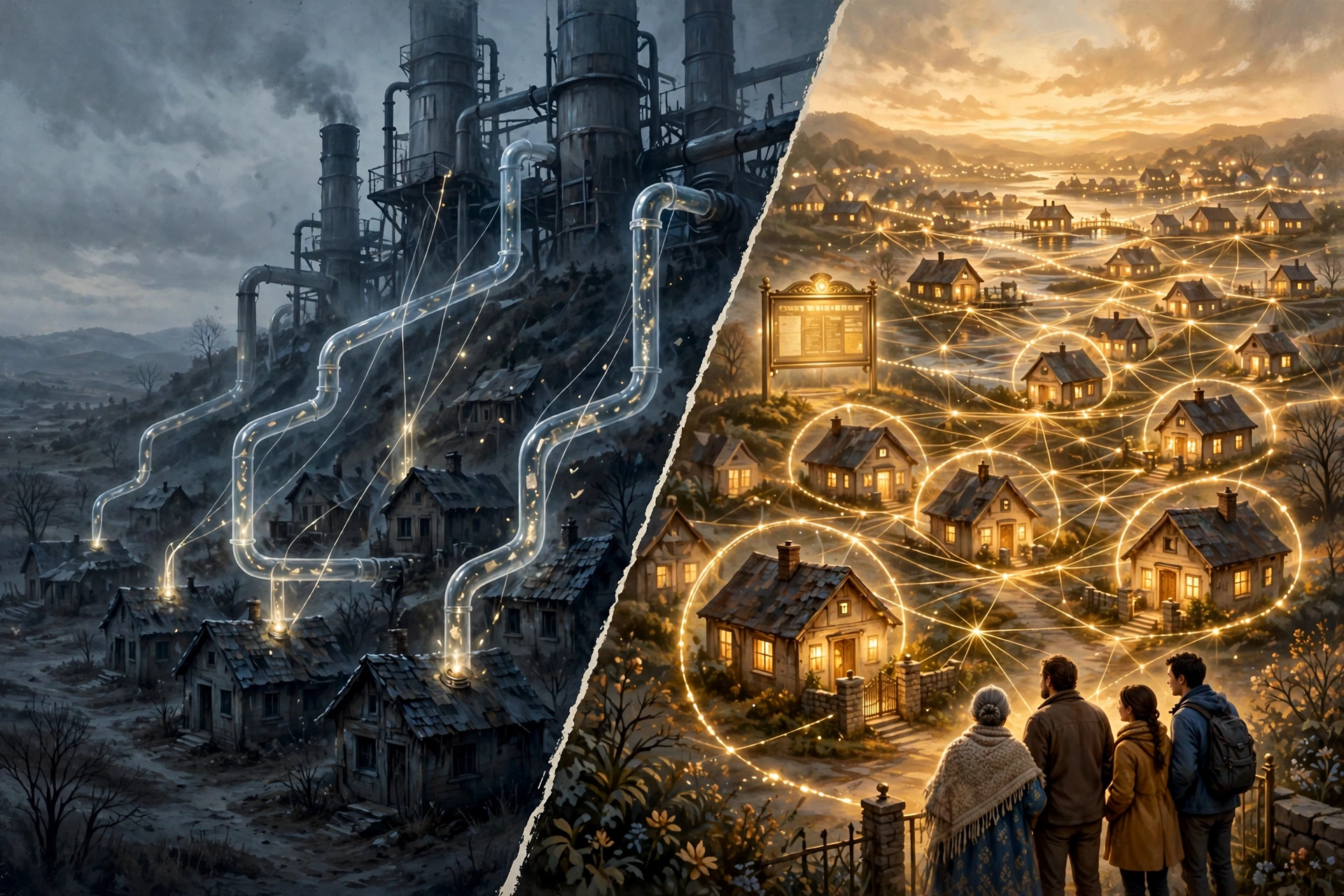 Two panels in the campaign grammar. Left: grey extraction towers on a ridge pulling threads of light through translucent pipes out of a dim foothill town. Right: the same town lit house by house at golden dusk, golden rings at each home's own precision, a registry board lit on the hill, a mesh of golden lines linking the homes, and four neighbours, an older woman, a middle-aged man, a young woman, and a young man, watching from a garden gate.