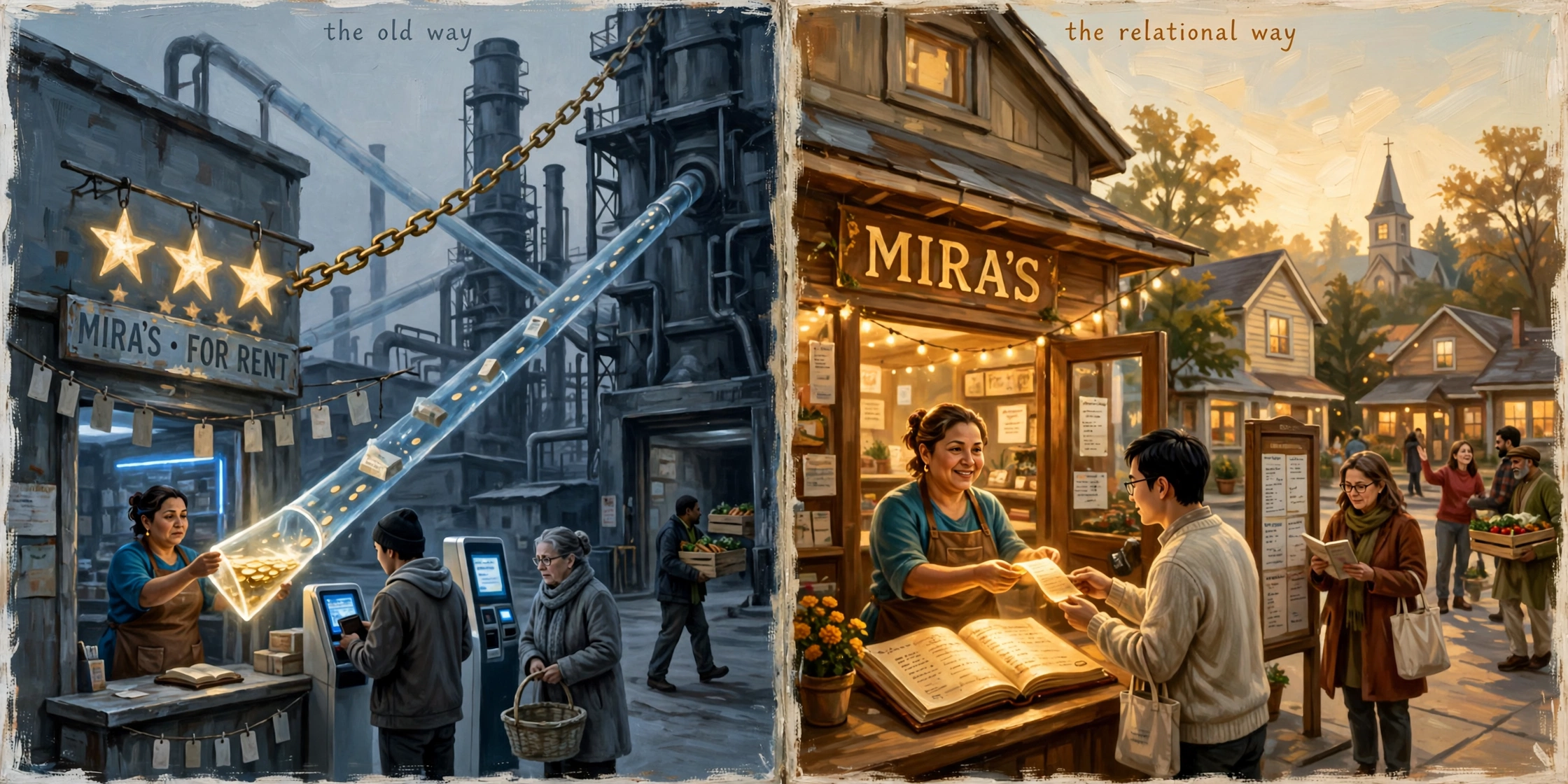 Two panels in the campaign grammar. Left, titled the old way: a small town main street in flat cold light beneath dark extraction towers and pipes, where a rented storefront hangs its glowing star ratings on a golden chain that runs up to a tower, a woman shopkeeper in an apron feeds a stream of coins up a translucent pipe into the towers, a young man pays at a platform terminal that faces away from her, an older woman waits with an empty basket, a man carries a crate of produce toward the tower dock instead of the shop door, and price tags hang nameless on strings. Right, titled the relational way: the same street in warm golden light, where the same shopkeeper stands at the counter of her own shop with her name over the door, a large open record book glowing on the counter, handing a receipt to a young customer who receives it with both hands, while a woman reads the public registry board down the street and an older man carries fresh produce in through the open door, with lit homes and a church steeple beyond.