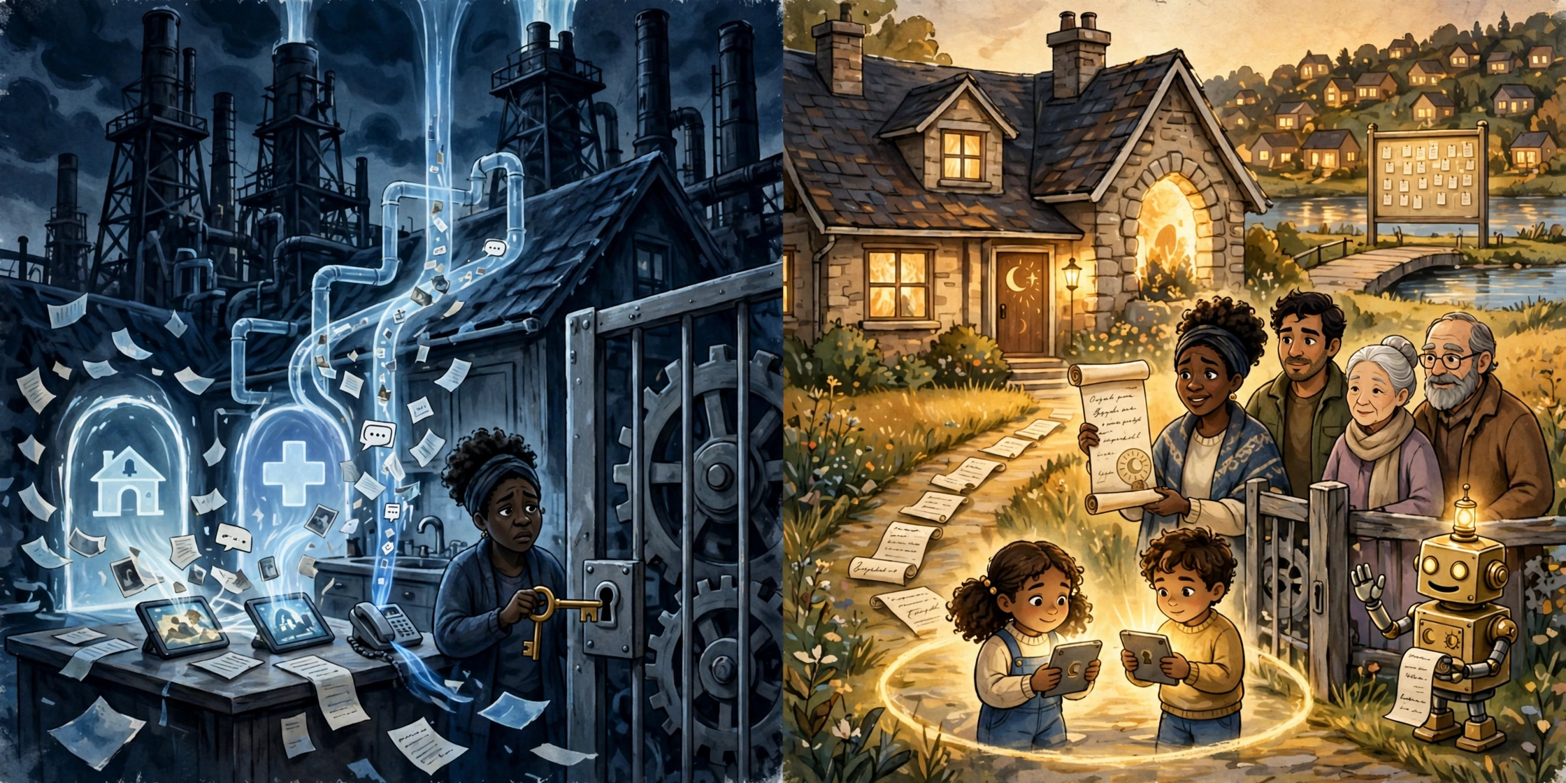 Two panels in the campaign grammar. Left: extraction towers drain photographs, school papers, and message bubbles from two children's tablets and a phone on a kitchen counter, while a mother stands at a locked grey gear gate holding a key that does not fit, schoolhouse and clinic portals glowing open behind her. Right: a warm sovereign home with a glowing vault in its wall, where the same mother holds up a signed consent receipt at the garden gate, her family around her, two children with their tablets inside a golden boundary circle, signed receipts along the path to the public registry board across the water, and a small brass helper paused at the fence holding a receipt of its own.