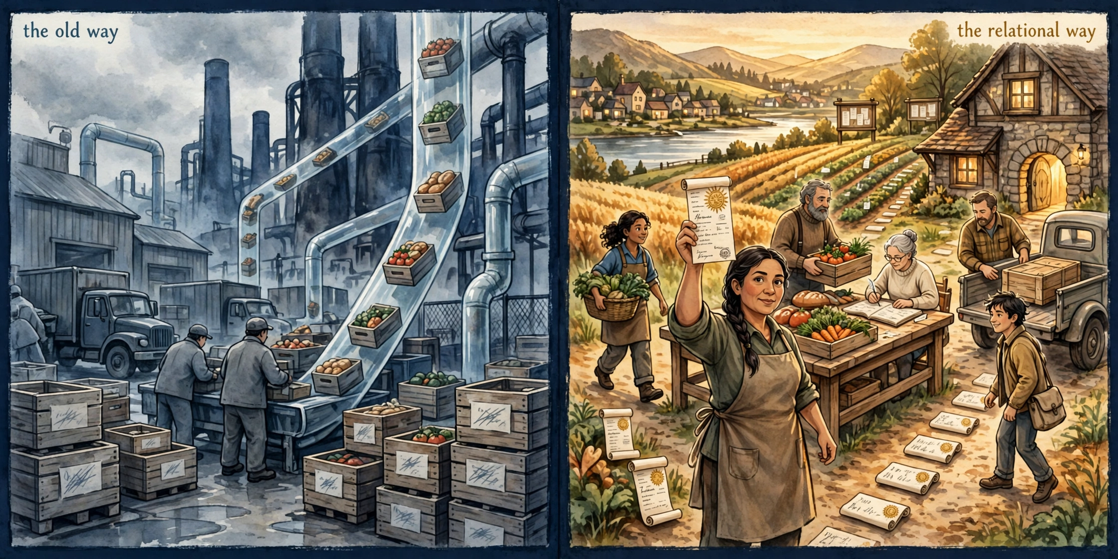 Two panels in the campaign grammar. Left, titled the old way: extraction towers and grey packing sheds in cold light, crates of produce rising through translucent pipes toward the towers, workers loading trucks with their backs turned, and crate labels scratched blank where a grower's name should be. Right, titled the relational way: a warm foothill farm in golden light, where the grower stands at the head of a path holding up a signed harvest receipt with a sun seal, her crew and neighbours around a farm table laden with produce, an older woman writing in an open harvest ledger, signed receipt scrolls lining the path from the field to the table, a glowing doorway in the farmhouse wall, and a public registry board across the water among lit homes.