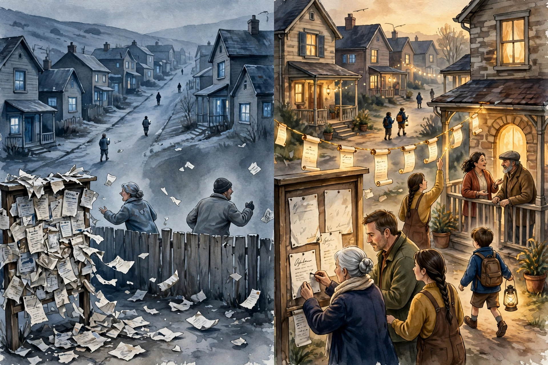 Two panels in the campaign grammar. Left, titled the old way: a foothill street in flat cold light, houses with every window lit by the glow of screens, a corner notice board buried under layers of torn flyers, loose papers scattering across the road, small figures turned away and alone, and two neighbours shouting across a wooden fence, unheard. Right, titled the relational way: the same kind of street in warm golden light, porches facing the street, a clean shared board at the corner where a silver-haired older woman signs a large notice while a middle-aged man and a young woman read beside her, small signed receipt scrolls strung as glowing lights house to house, a boy carrying a lantern down the path, a woman and an older man in conversation on a porch, and a glowing arched doorway set into one home's wall.
