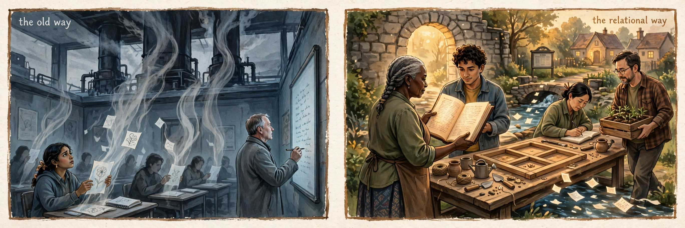 Two panels in the campaign grammar. Left, titled the old way: a classroom hall in flat cold light beneath dark extraction towers and pipes, where students drawings and essays rise as pale smoke and lose their colour, wall boards covered in notes written in a script no one will read back, a young woman student at a desk holding a flower drawing that is dissolving upward out of her hands, and a man in profile writing on the wall board with his back half turned. Right, titled the relational way: a teaching garden in warm golden light, where an older woman mentor with silver streaked hair and a young man learner hold one large open glowing book together across a long workbench, a woman writing in a second open book at the bench's far end, a man with glasses carrying a crate of seedlings toward the table, craft tools and a half built wooden frame on the bench, a glowing arched doorway set into the garden wall, and small glowing pages drifting on a stream toward a notice board and lit homes in the distance.