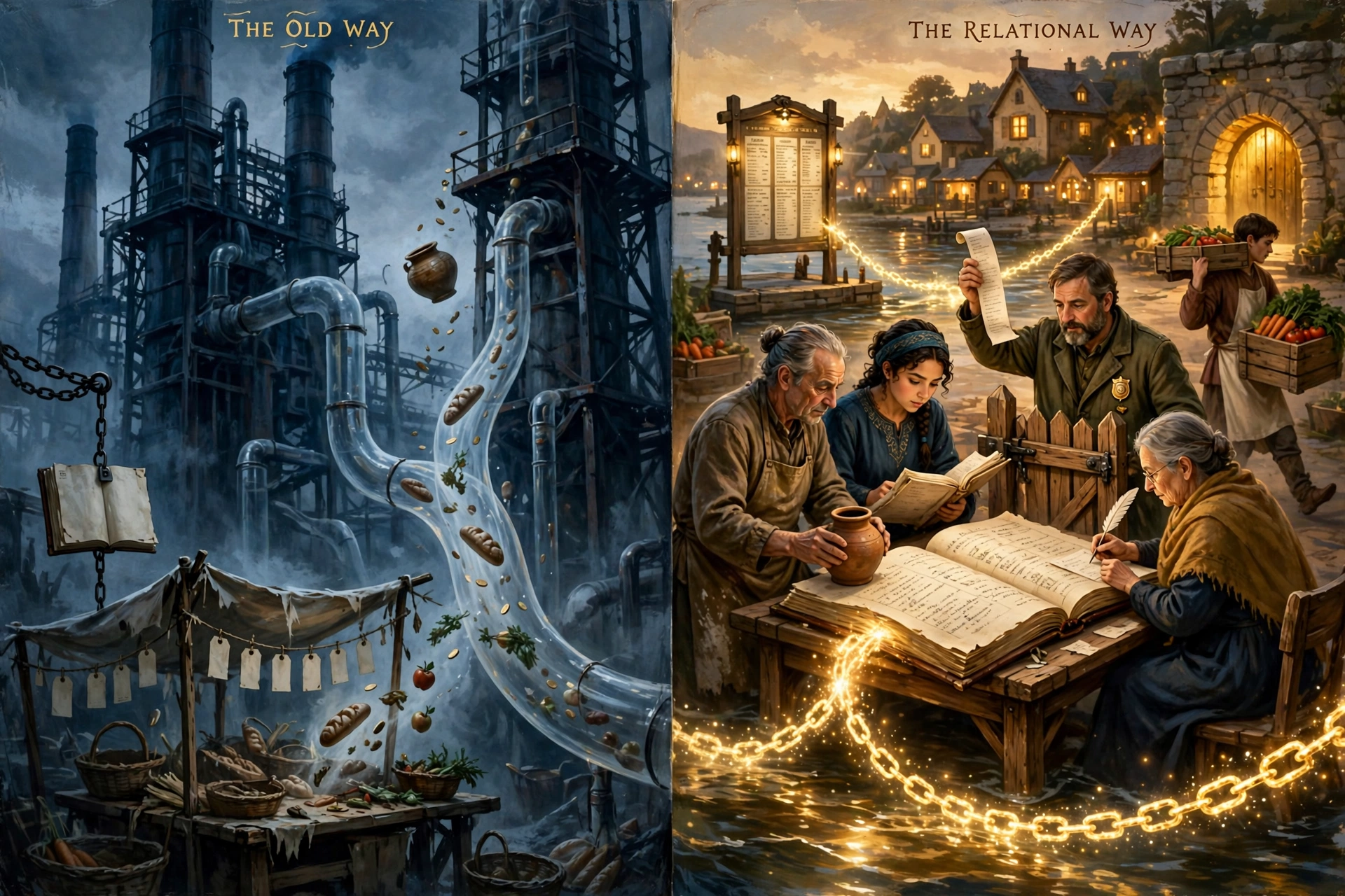 Two panels in the campaign grammar. Left: dark extraction towers drain a market stall through translucent pipes, its bread, coins, produce, and a clay pot rising into the towers, an open ledger chained to a tower with blank pages, price tags carrying no names. Right: a warm market square where five neighbours stand around one open ledger on a table: an older potter sets his pot beside it, a young woman reads the same pages, a keeper at a small gate holds up a receipt scroll, a young man carries produce toward lit homes, and an elder writes an entry, while a golden chain runs from the ledger across the water to the public registry board.