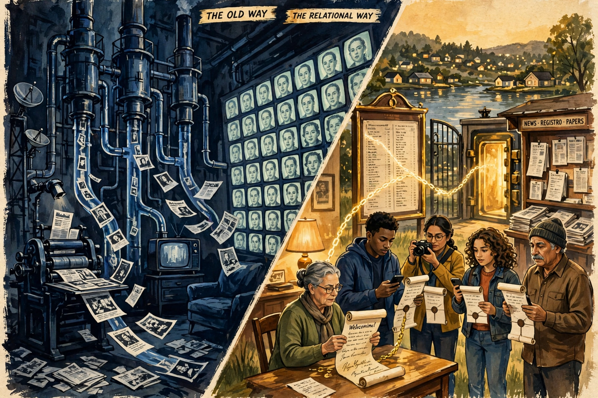 Two panels in the campaign grammar. Left, the old way: dark extraction towers and a printing press drain loose photographs and pages from a dim newsroom while a wall of screens repeats one face, distorted and unchecked. Right, the relational way: readers of many ages and backgrounds hold signed statement scrolls and phones beside a public registry board, a gate, and a glowing vault, with a chain of golden light running from a signed scroll to the board, and lit homes across the water.