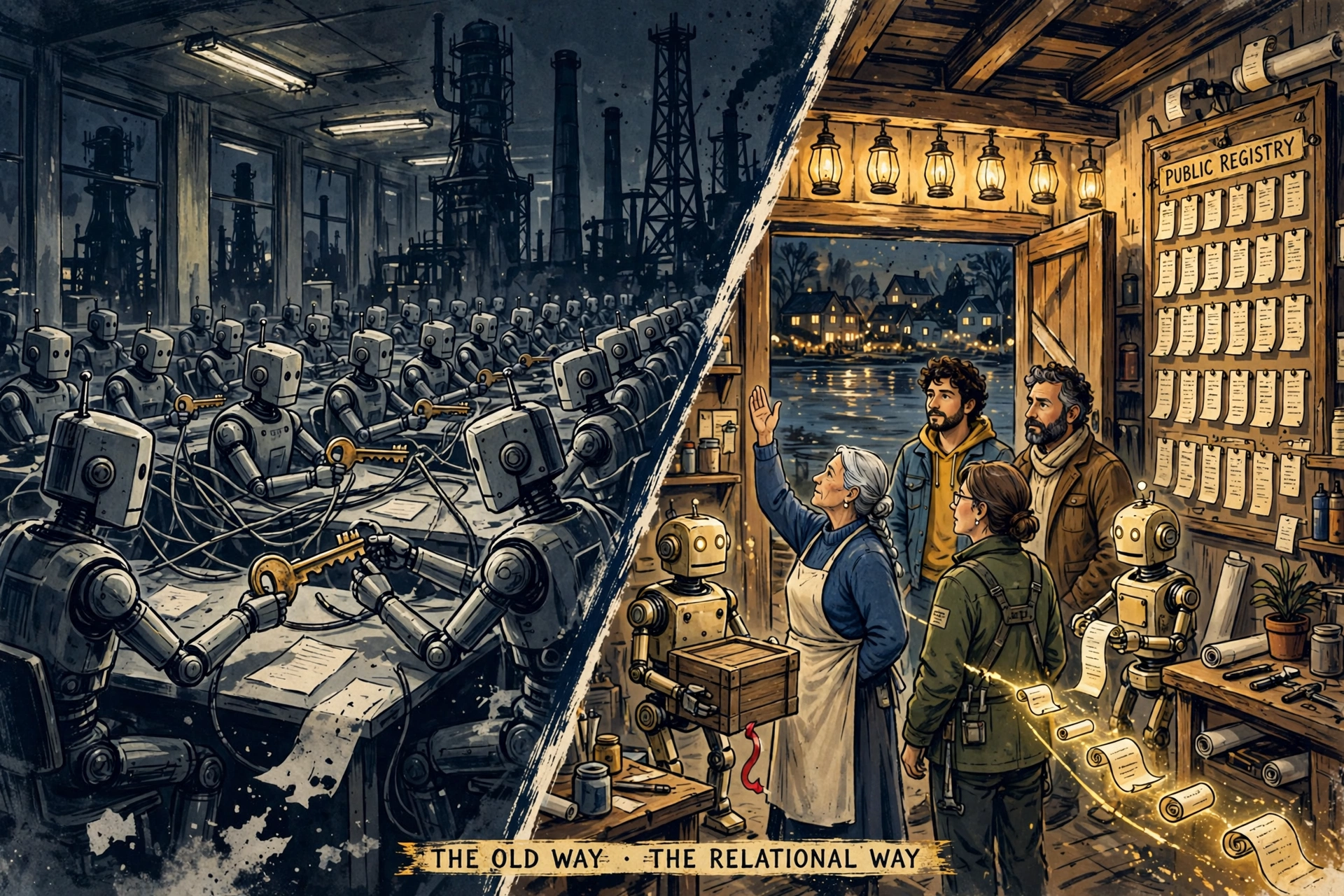 Two panels in the campaign grammar. Left: rows of identical grey robots in a cold office beneath extraction towers, passing copies of one oversized master key hand to hand on tangled cables, no ledger anywhere. Right: a warm lamplit workshop where a small team of four people, an older woman leading, stands with friendly brass robots; receipt scrolls travel a golden path to a public registry board, lanterns burn for work still open, and one robot stands paused where the lead raised her hand.